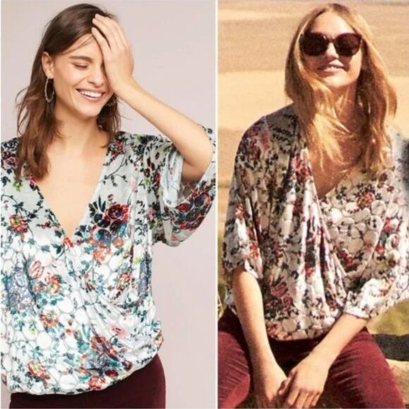 Maeve Tops - Maeve Umi Wrap Blouse Top Velvet Burnout Floral Kimono Sleeves Size XSmall